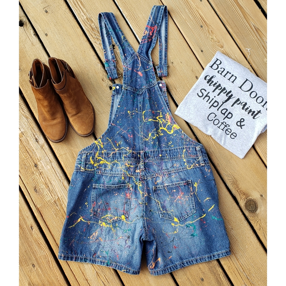 SOLD☆Denim Paint Splattered Overall Shortalls - Picture 3 of 3
